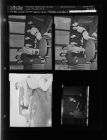 Man pointing at damage from chicken entering windshield; One woman giving another a piece of paper; Seven woman sitting and standing (4 Negatives) (February 14, 1958) [Sleeve 25, Folder b, Box 14]